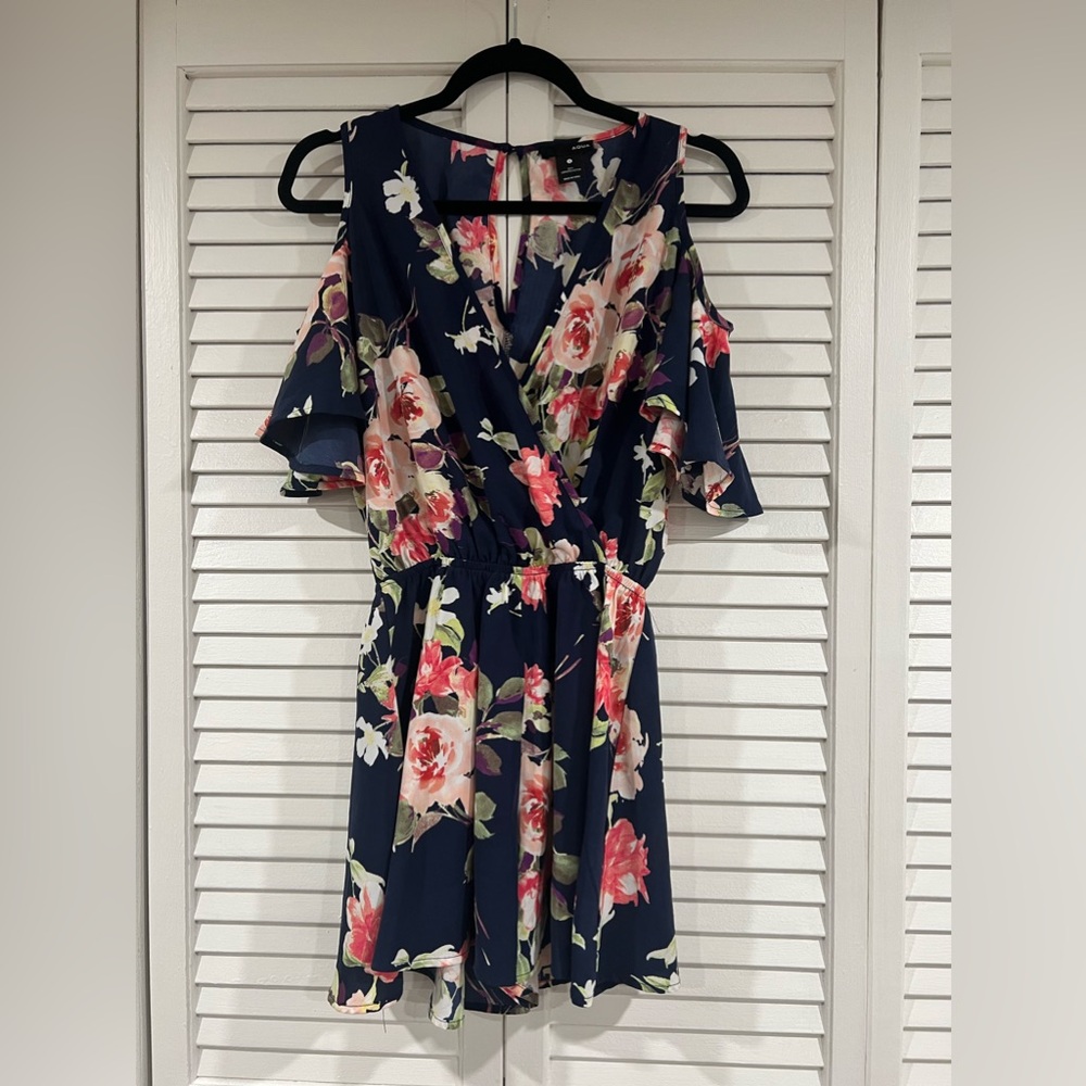 Aqua Floral Romper with Cold Shoulder